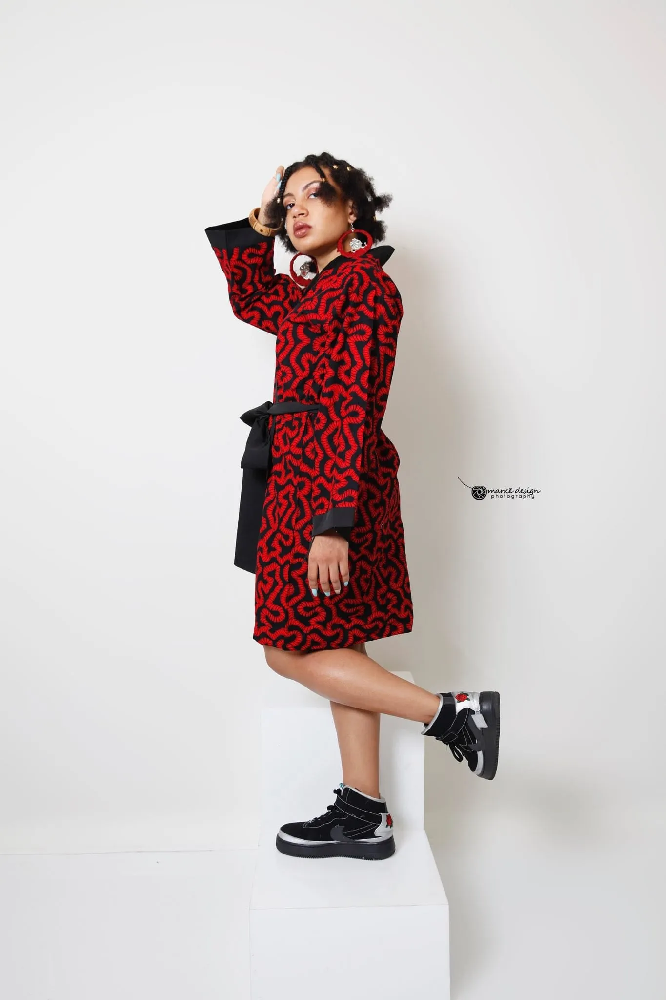 Handmade Ankara Kimono. Red with black background cotton print