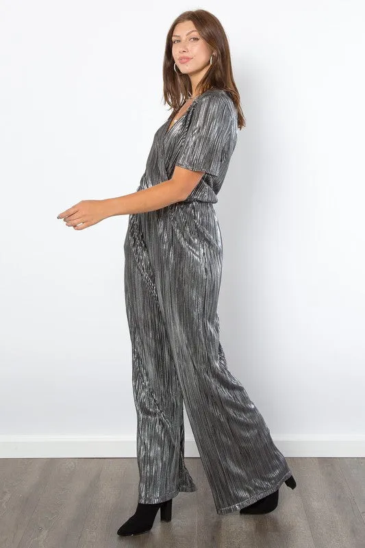 Hazel Blues® |  Be Stage Surplice Short Sleeve Pleated Foil Jumpsuit