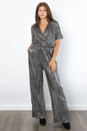 Hazel Blues® |  Be Stage Surplice Short Sleeve Pleated Foil Jumpsuit