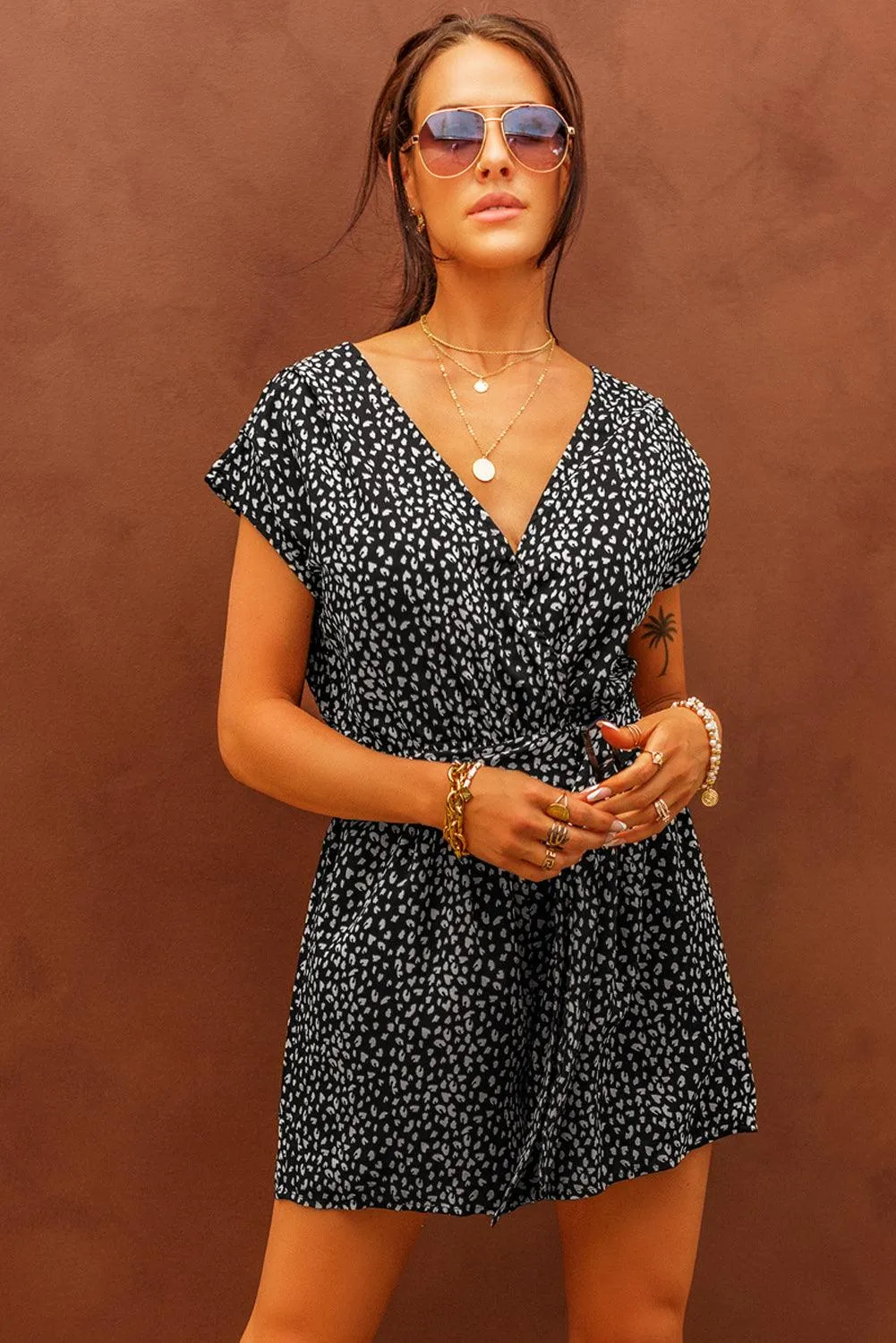 Hazel Blues® | Printed Short Sleeve Romper with Belt
