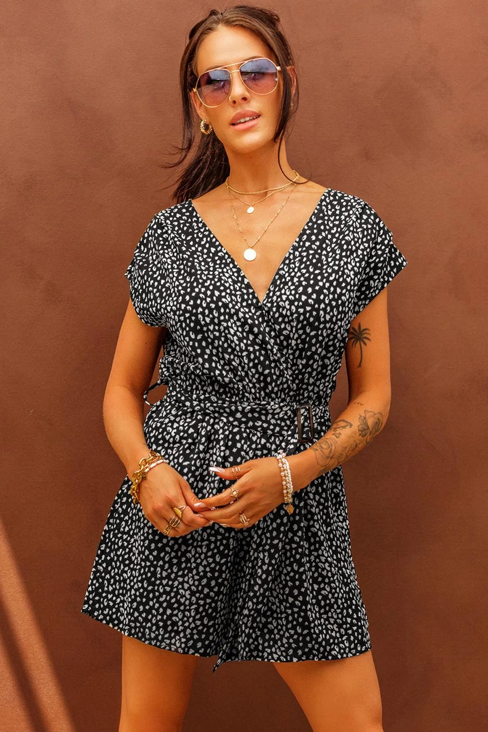 Hazel Blues® | Printed Short Sleeve Romper with Belt