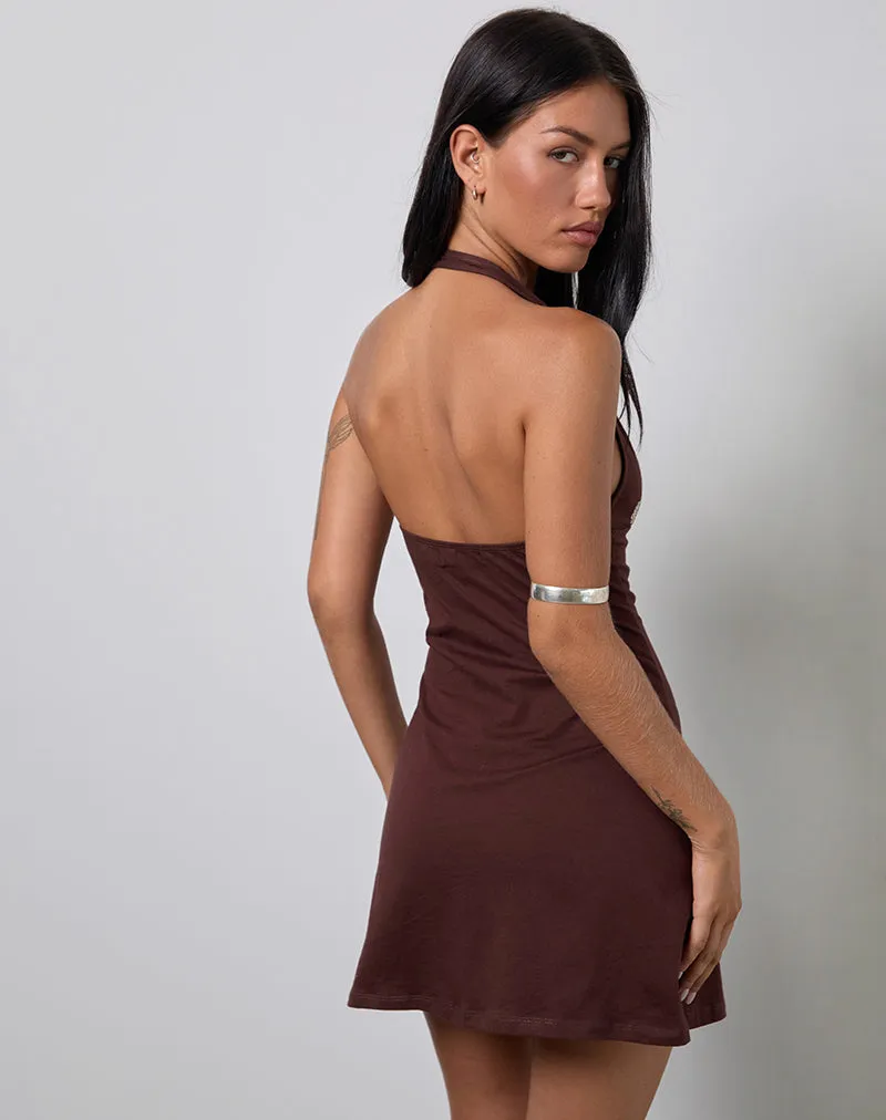 Hepzhi Mini Dress in Bitter Chocolate with Floral Embroidery