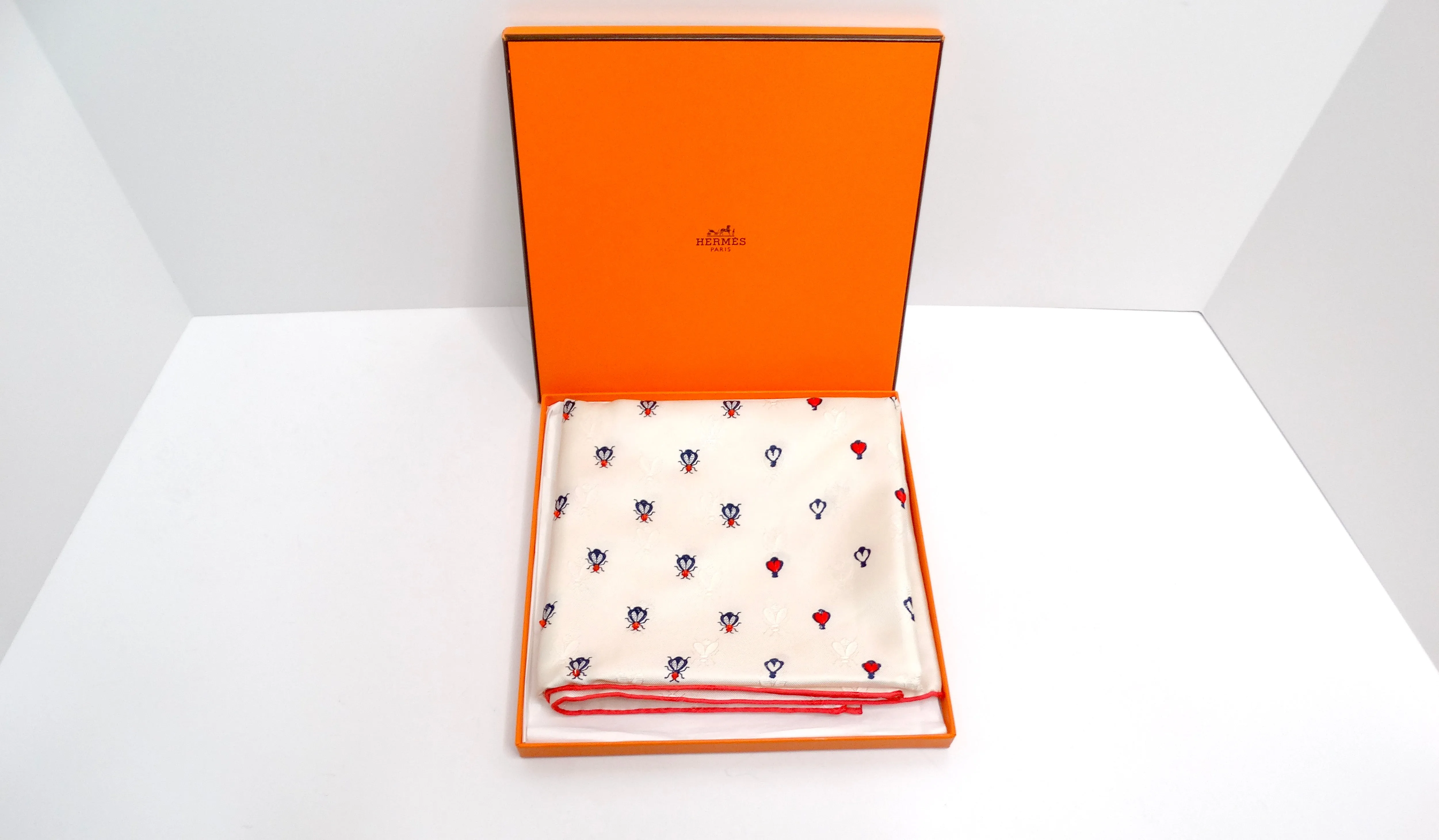 Hermes Ivory & Ruby Toned Beaded Insect Silk Scarf