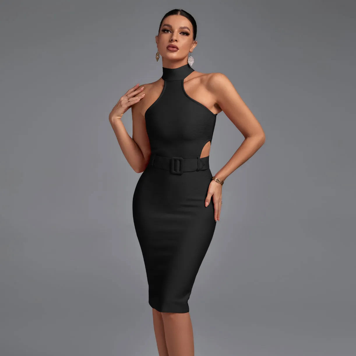 High Neck Sleeveless Cut Out With Belt Bandage Dress