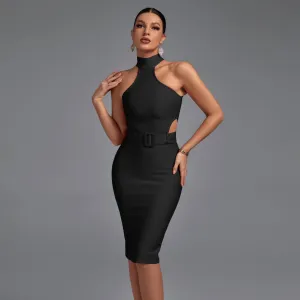 High Neck Sleeveless Cut Out With Belt Bandage Dress