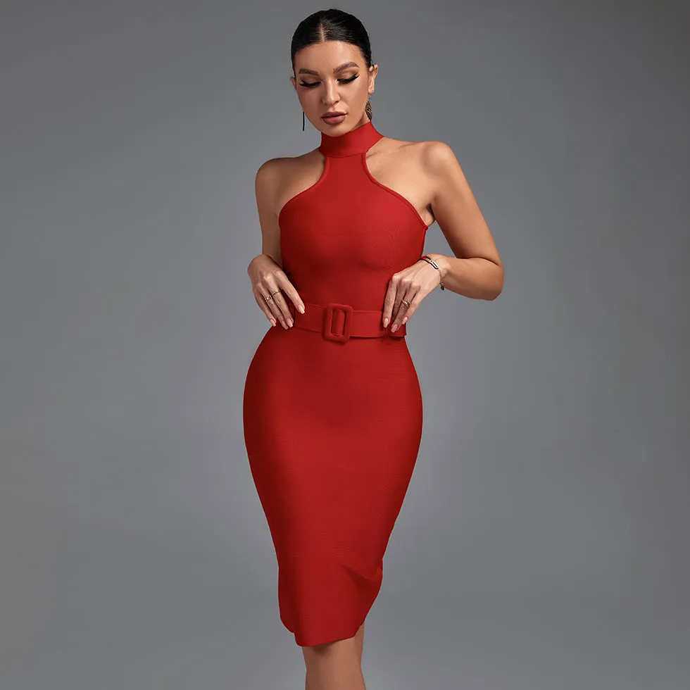 High Neck Sleeveless Cut Out With Belt Bandage Dress