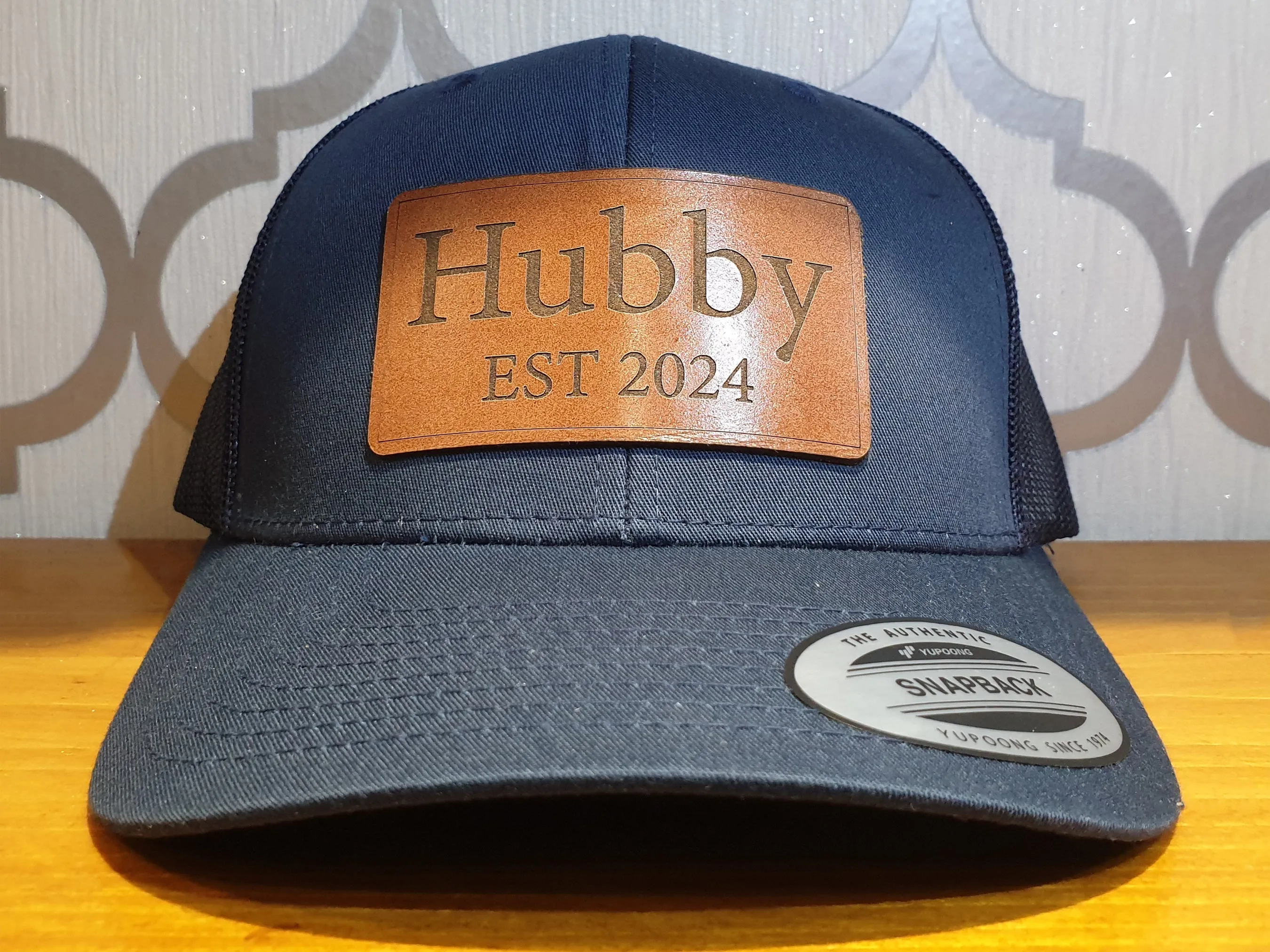 Hubby Est 2024 Real Leather Patch Trucker Hat
