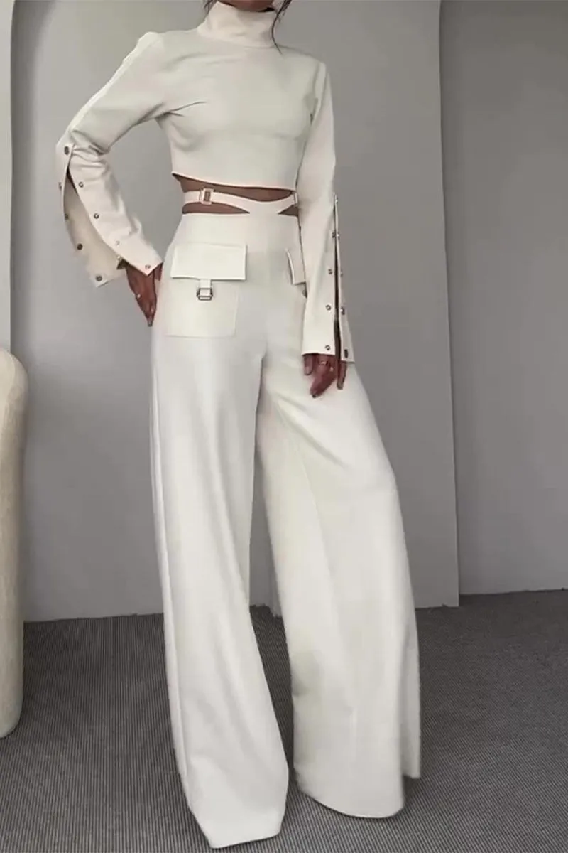 HUR1031 High-Neck Top & Wide-Leg Pants Set