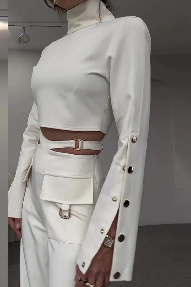 HUR1031 High-Neck Top & Wide-Leg Pants Set