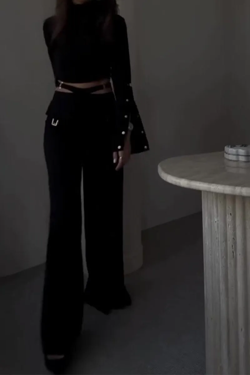HUR1031 High-Neck Top & Wide-Leg Pants Set