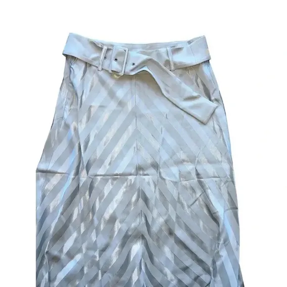 INTERMIX belted satin midi skirt flare stripe gray career sz 8 Large NWT $248