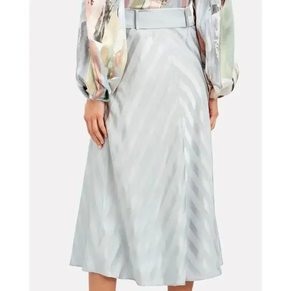 INTERMIX belted satin midi skirt flare stripe gray career sz 8 Large NWT $248