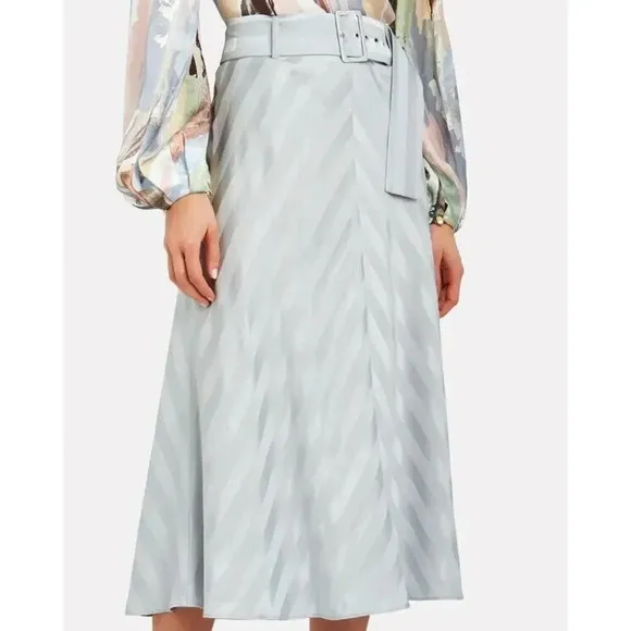 INTERMIX belted satin midi skirt flare stripe gray career sz 8 Large NWT $248