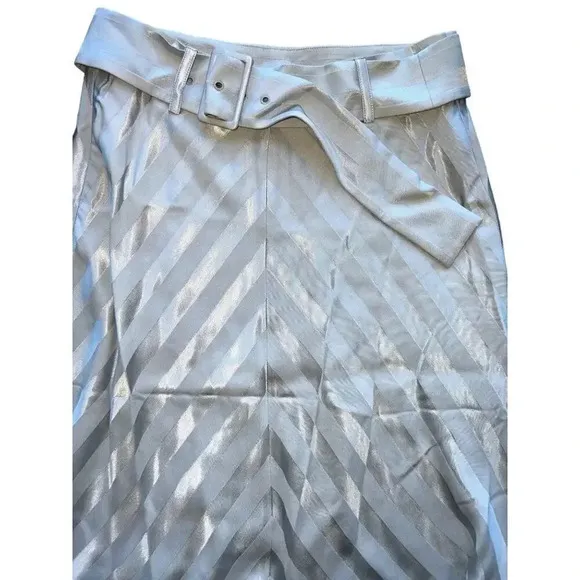 INTERMIX belted satin midi skirt flare stripe gray career sz 8 Large NWT $248