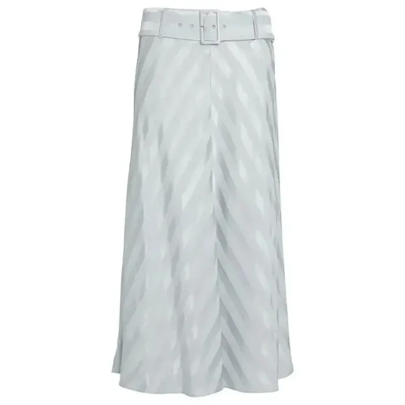 INTERMIX belted satin midi skirt flare stripe gray career sz 8 Large NWT $248