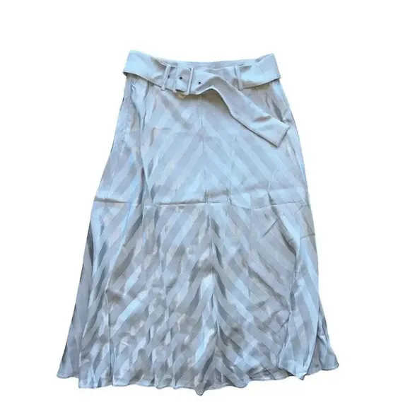 INTERMIX belted satin midi skirt flare stripe gray career sz 8 Large NWT $248