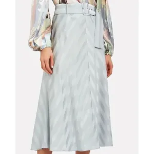 INTERMIX belted satin midi skirt flare stripe gray career sz 8 Large NWT $248