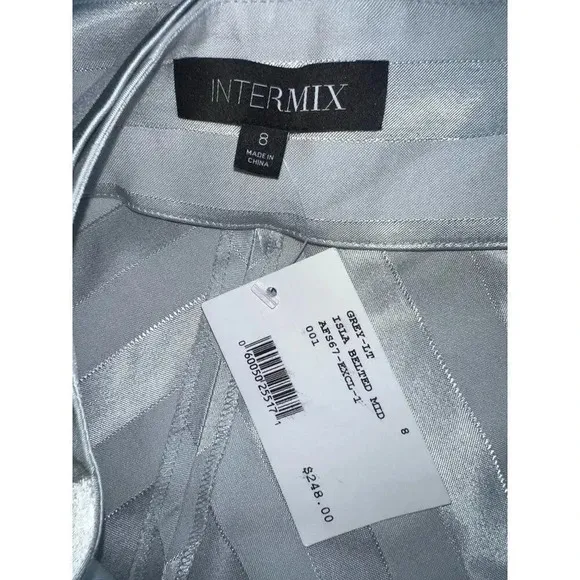 INTERMIX belted satin midi skirt flare stripe gray career sz 8 Large NWT $248