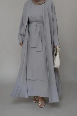 Isaabella three piece abaya set with ling sleeve slip dress throw over and a belt in grey