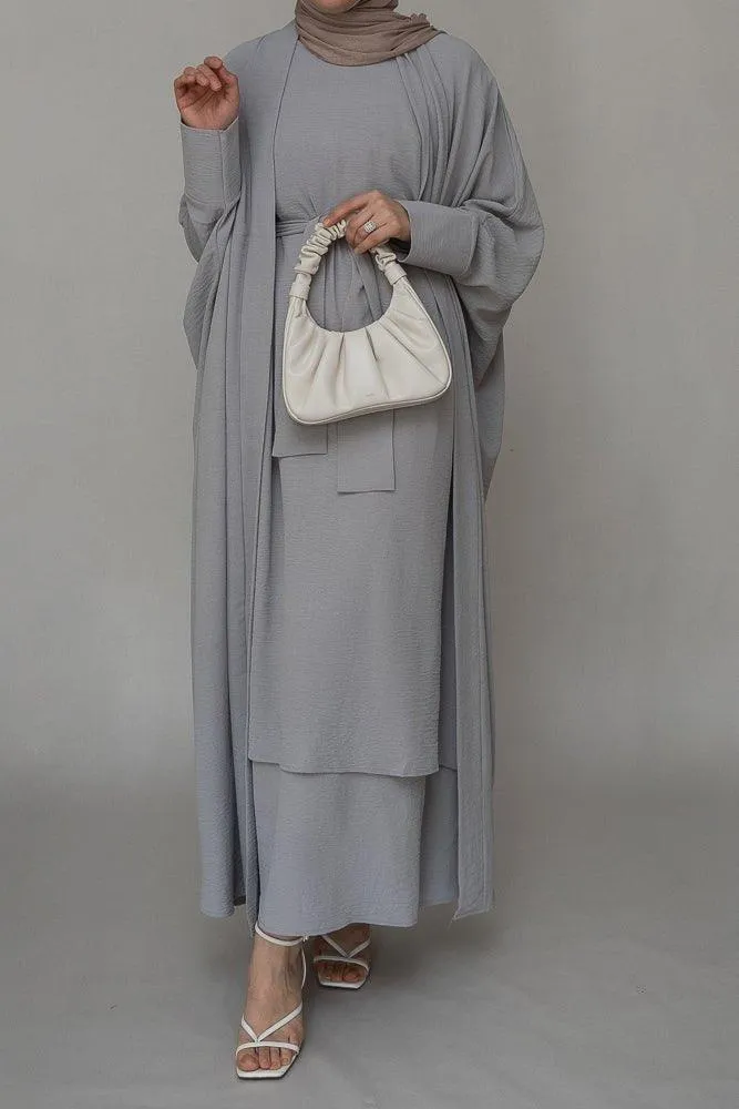 Isaabella three piece abaya set with ling sleeve slip dress throw over and a belt in grey