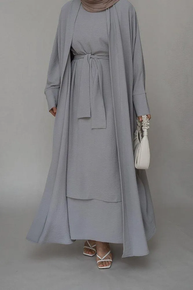 Isaabella three piece abaya set with ling sleeve slip dress throw over and a belt in grey
