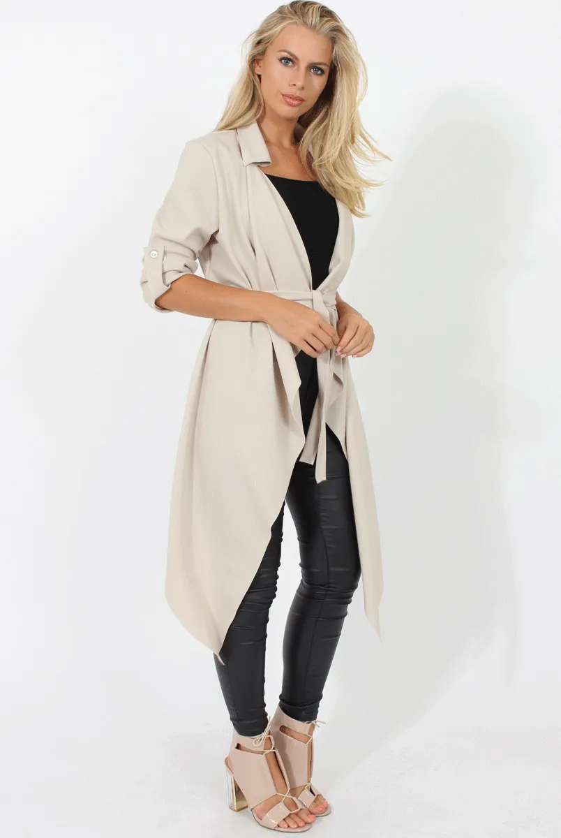 Ivory Belted Waterfall Duster Jacket - Aisla