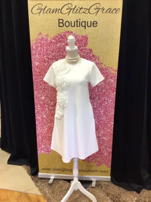 Ivory One Side With Flowers and Pockets Dress