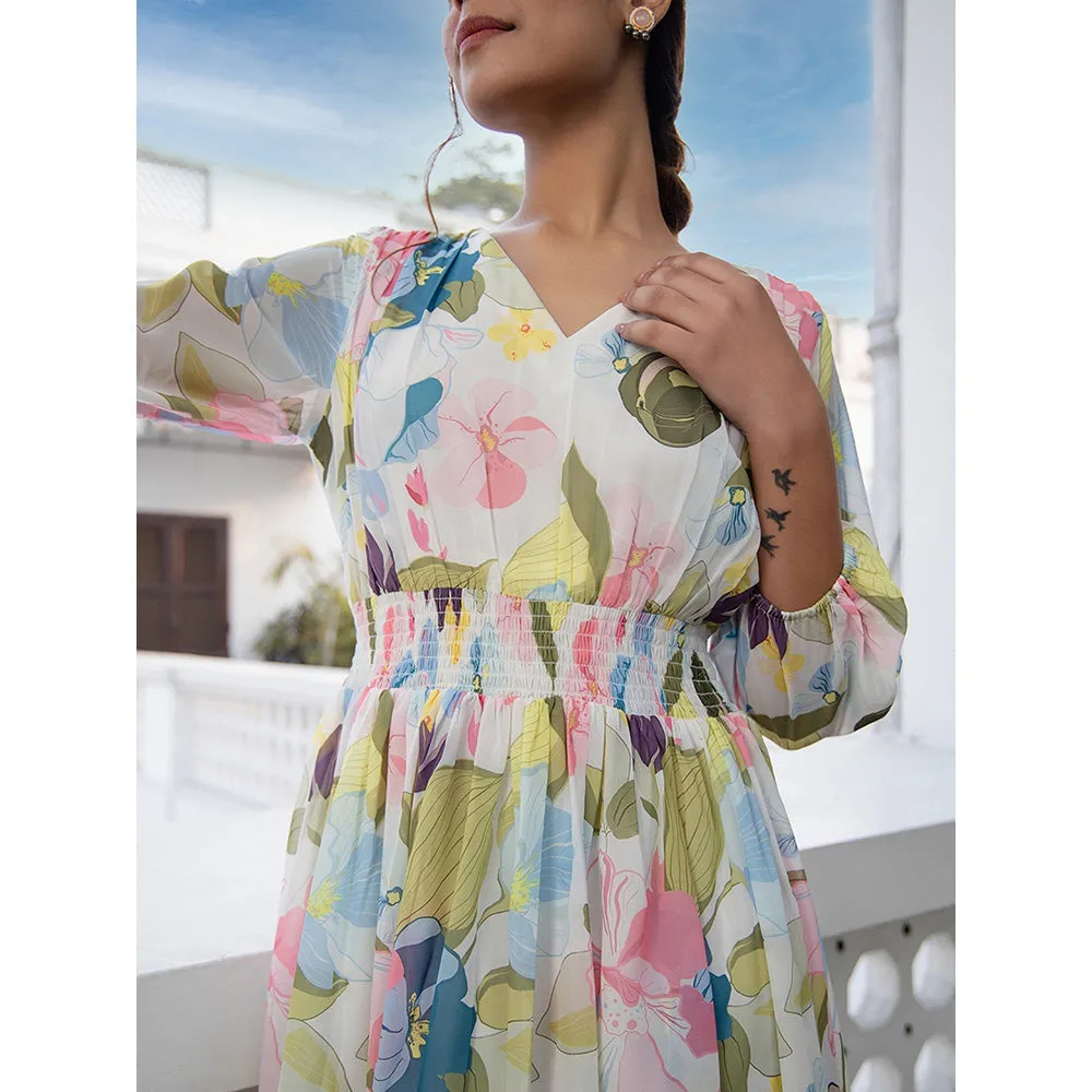 Janasya Womens Multi-Color Georgette Floral Fit and Flare Dress