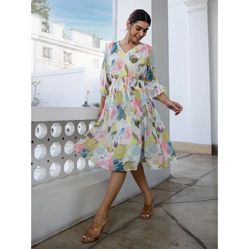 Janasya Womens Multi-Color Georgette Floral Fit and Flare Dress