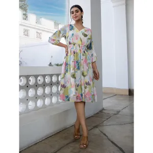 Janasya Womens Multi-Color Georgette Floral Fit and Flare Dress