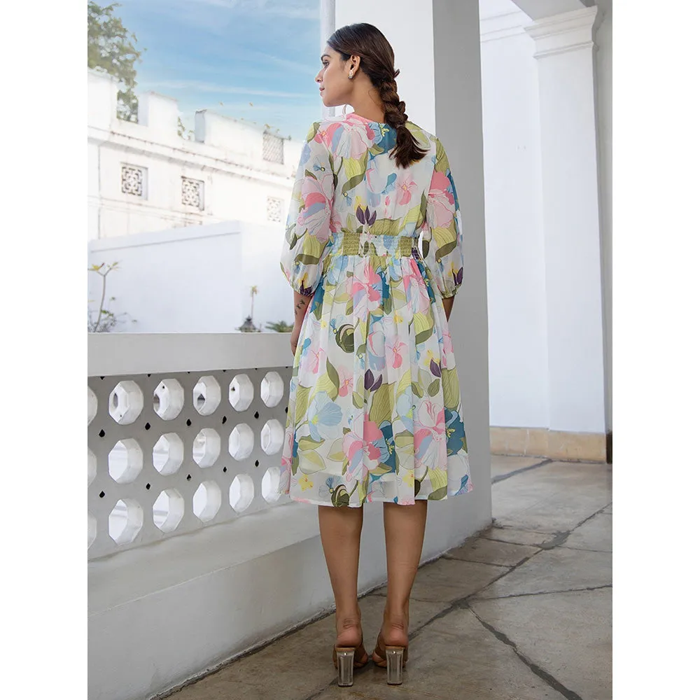 Janasya Womens Multi-Color Georgette Floral Fit and Flare Dress