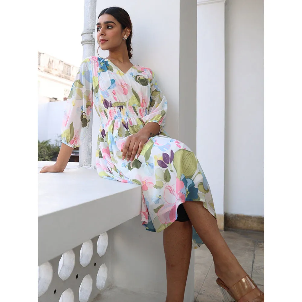Janasya Womens Multi-Color Georgette Floral Fit and Flare Dress