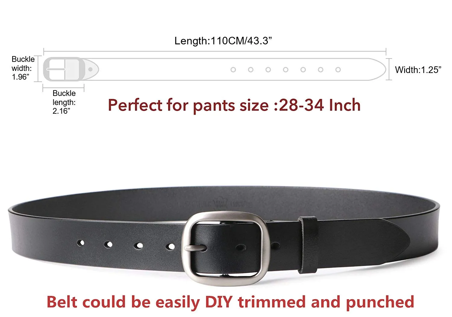 Jeans Belt for Women Leather Belt with Solid Pin Buckle Pants Size up to 44"