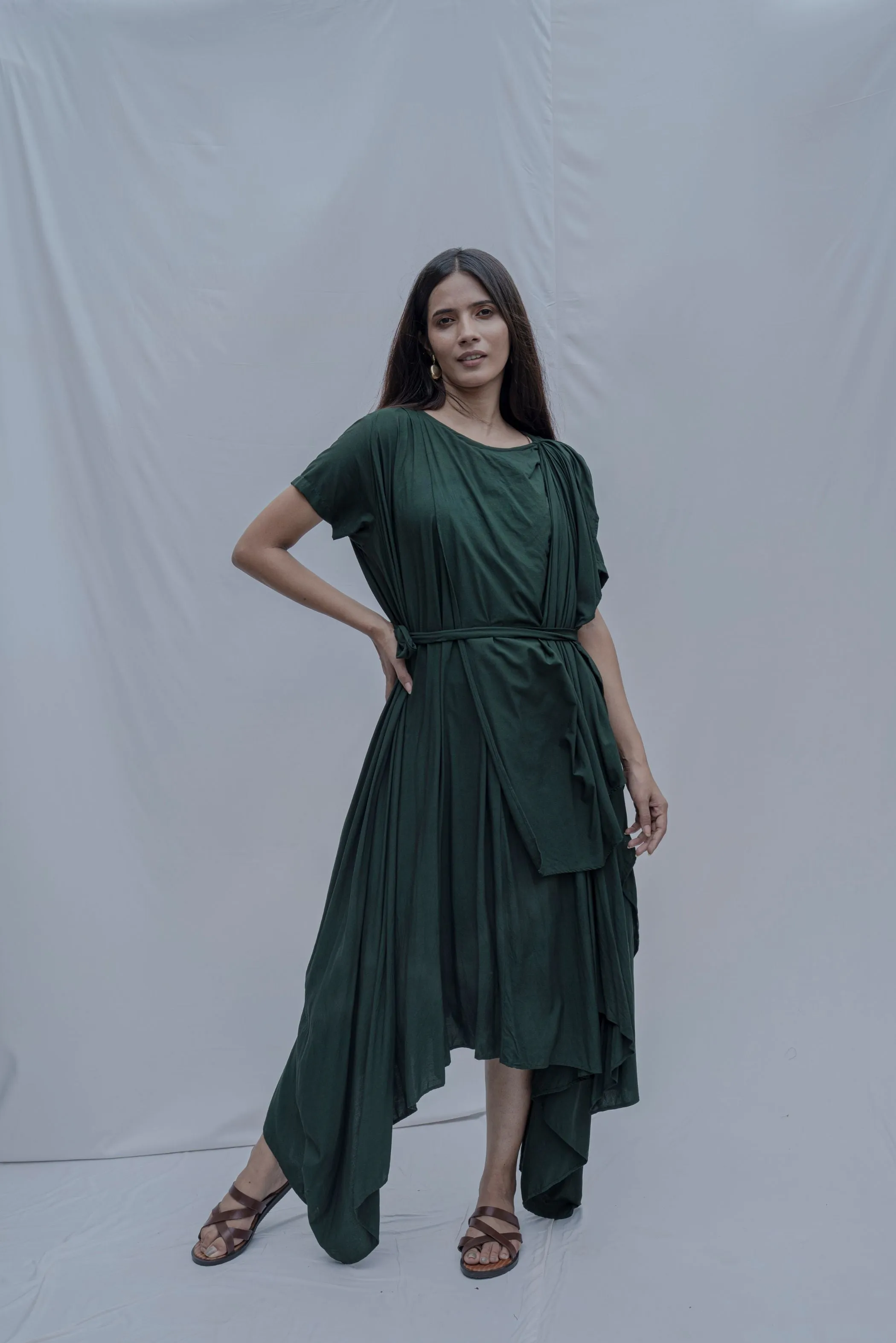 Jess- Bottle Green Overlap Asymmetric Draped Dress