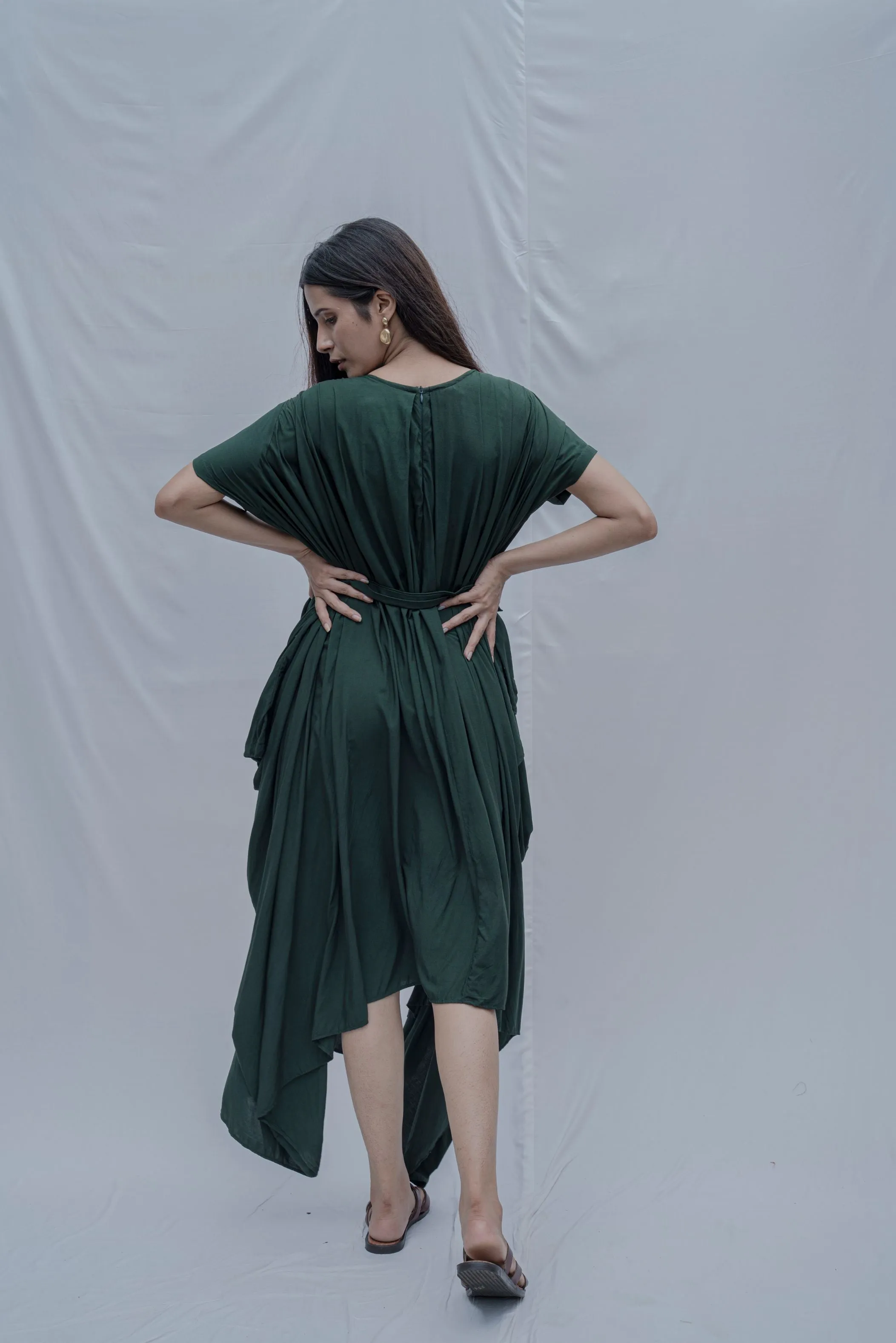 Jess- Bottle Green Overlap Asymmetric Draped Dress