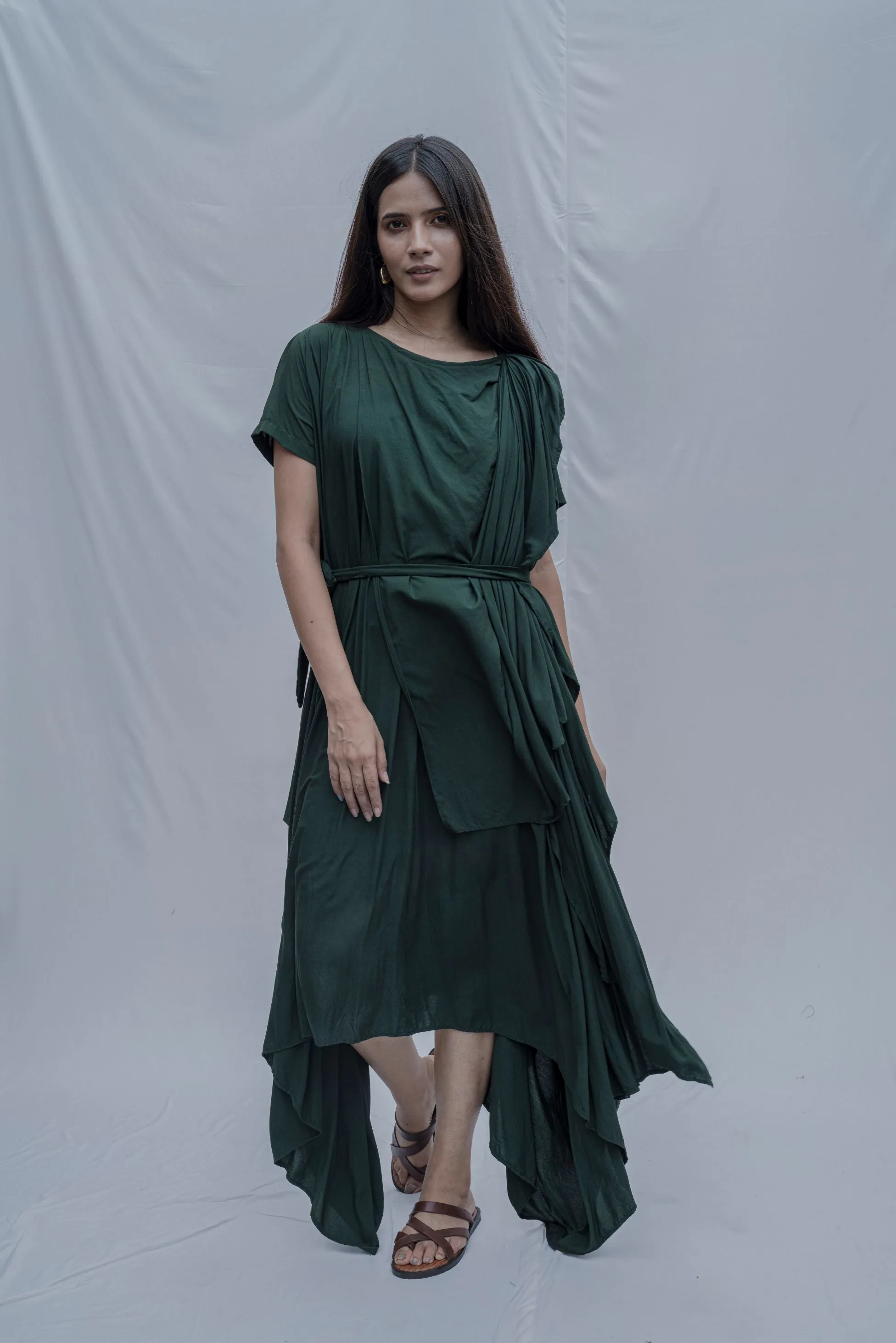 Jess- Bottle Green Overlap Asymmetric Draped Dress