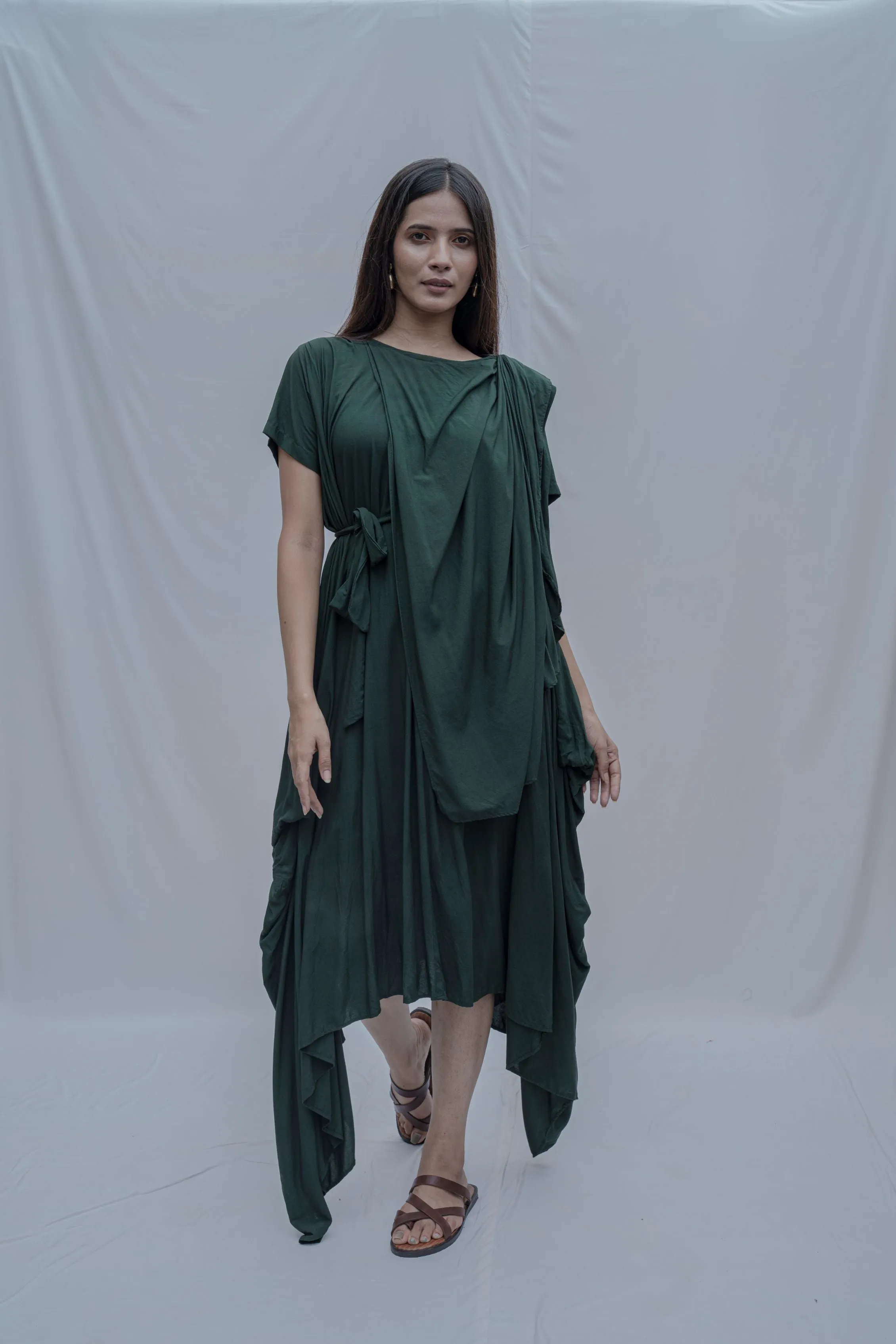 Jess- Bottle Green Overlap Asymmetric Draped Dress
