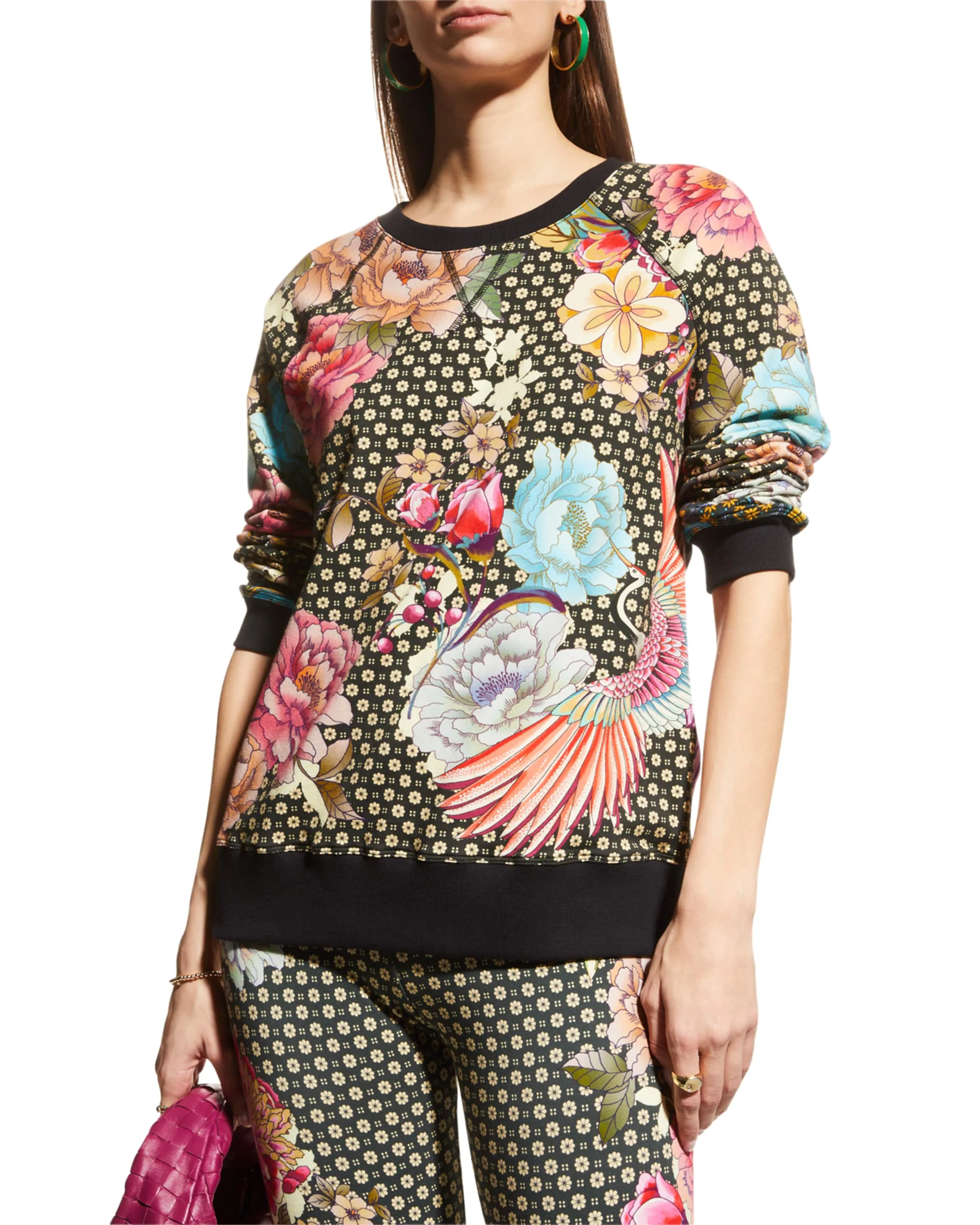 Johnny Was Fagan Raglan Crewneck Sweatshirt Shirt Top Green Floral New