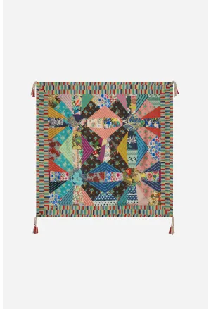 Johnny Was Imagination Silk Scarf Geo Square Large Floral Pink Black Tassels NEW