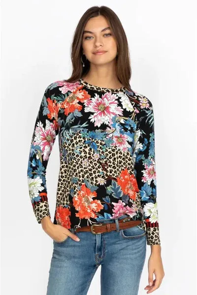 Johnny Was Ontari Long Sleeve Raglan Tee Blue Flowers Shirt Black Top XXL New