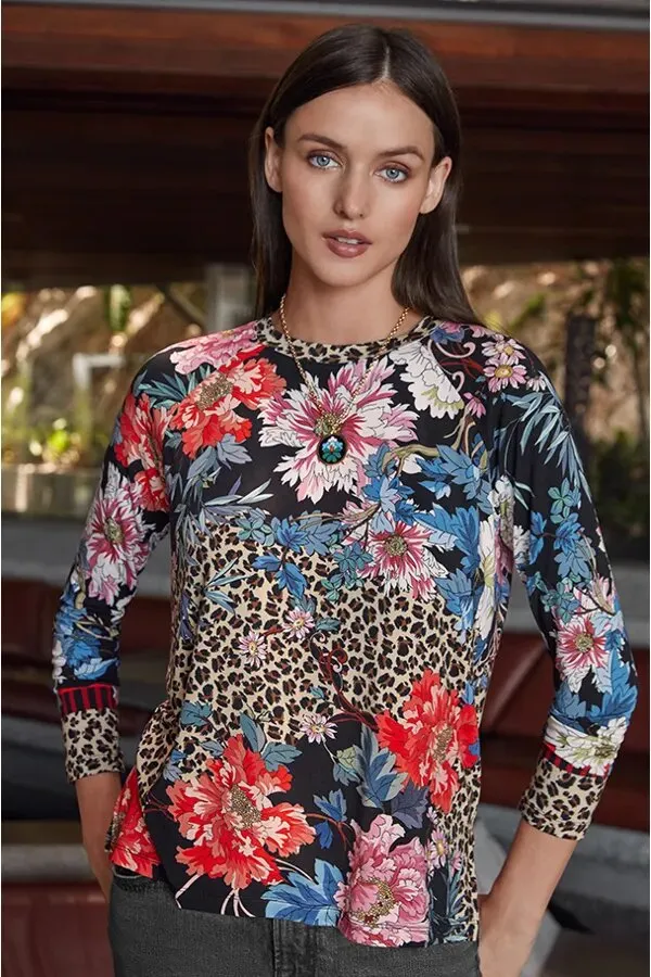 Johnny Was Ontari Long Sleeve Raglan Tee Blue Flowers Shirt Black Top XXL New