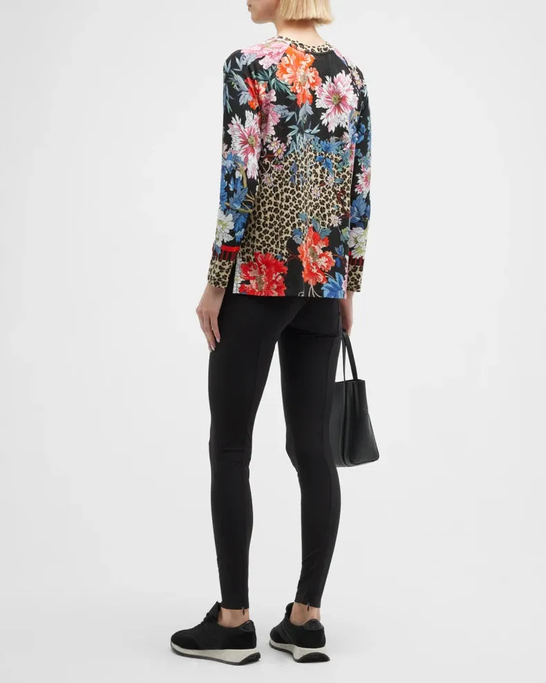 Johnny Was Ontari Long Sleeve Raglan Tee Blue Flowers Shirt Black Top XXL New