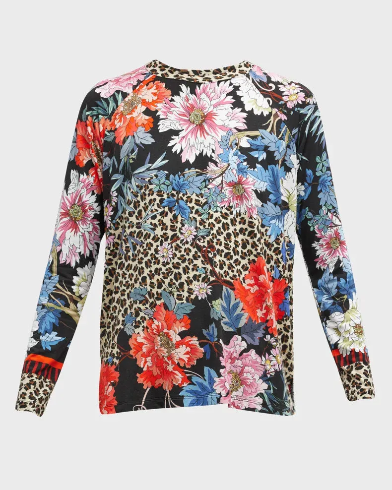 Johnny Was Ontari Long Sleeve Raglan Tee Blue Flowers Shirt Black Top XXL New