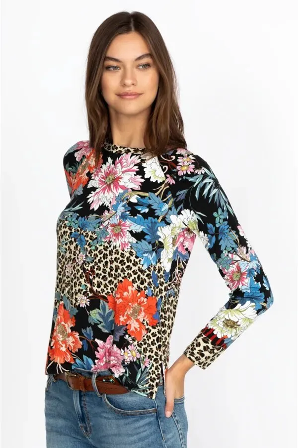 Johnny Was Ontari Long Sleeve Raglan Tee Blue Flowers Shirt Black Top XXL New