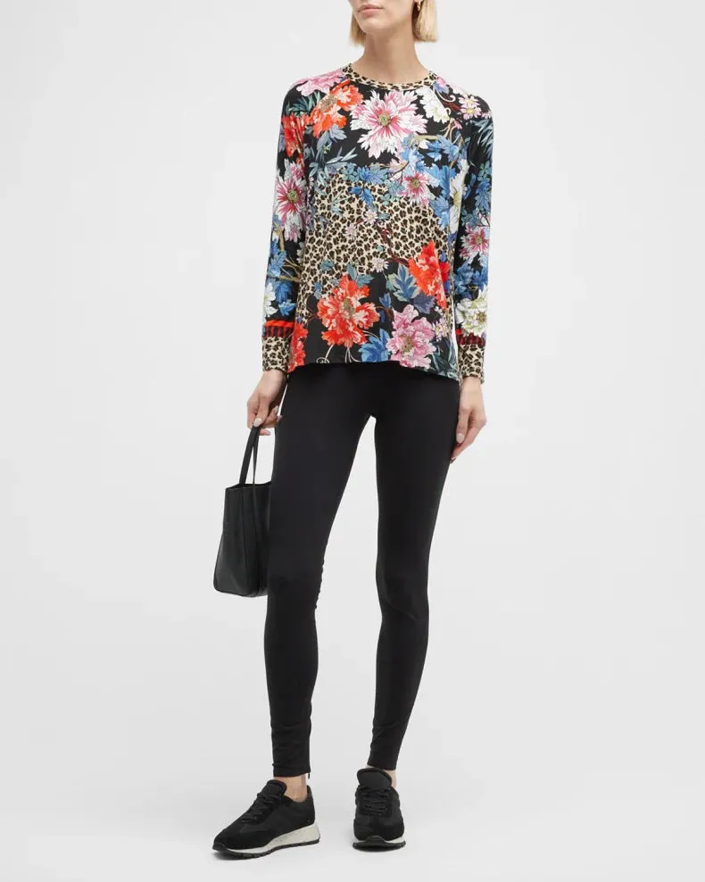 Johnny Was Ontari Long Sleeve Raglan Tee Blue Flowers Shirt Black Top XXL New
