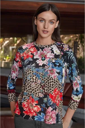 Johnny Was Ontari Long Sleeve Raglan Tee Blue Flowers Shirt Black Top XXL New