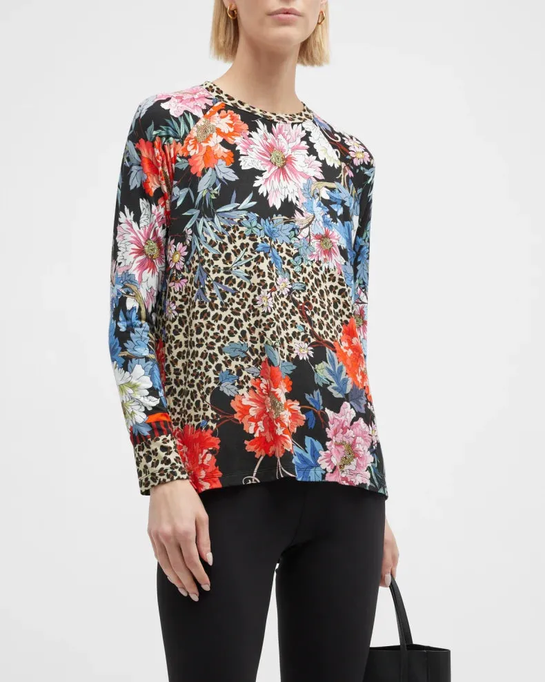 Johnny Was Ontari Long Sleeve Raglan Tee Blue Flowers Shirt Black Top XXL New