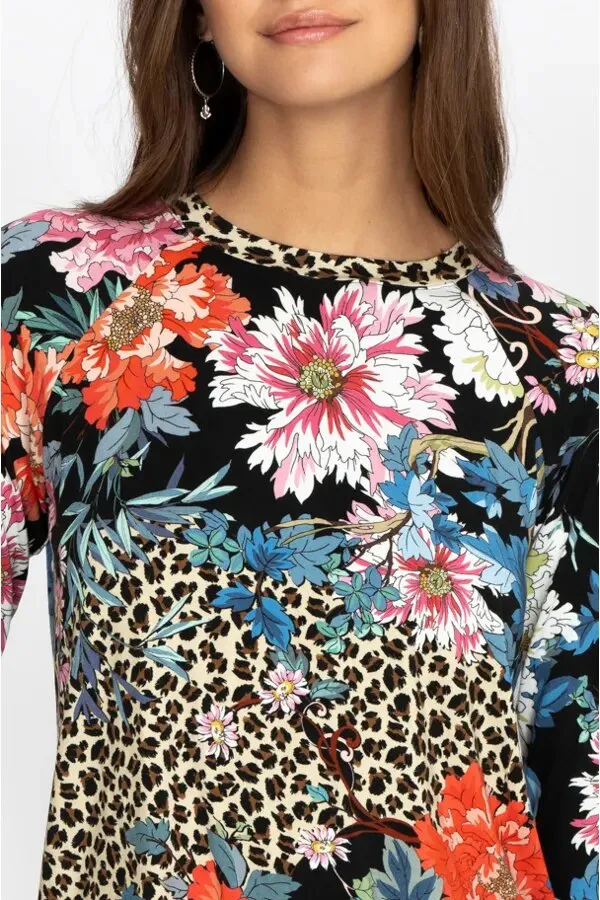 Johnny Was Ontari Long Sleeve Raglan Tee Blue Flowers Shirt Black Top XXL New