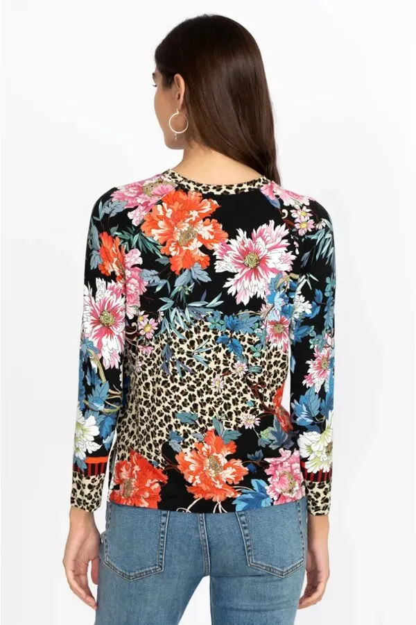 Johnny Was Ontari Long Sleeve Raglan Tee Blue Flowers Shirt Black Top XXL New