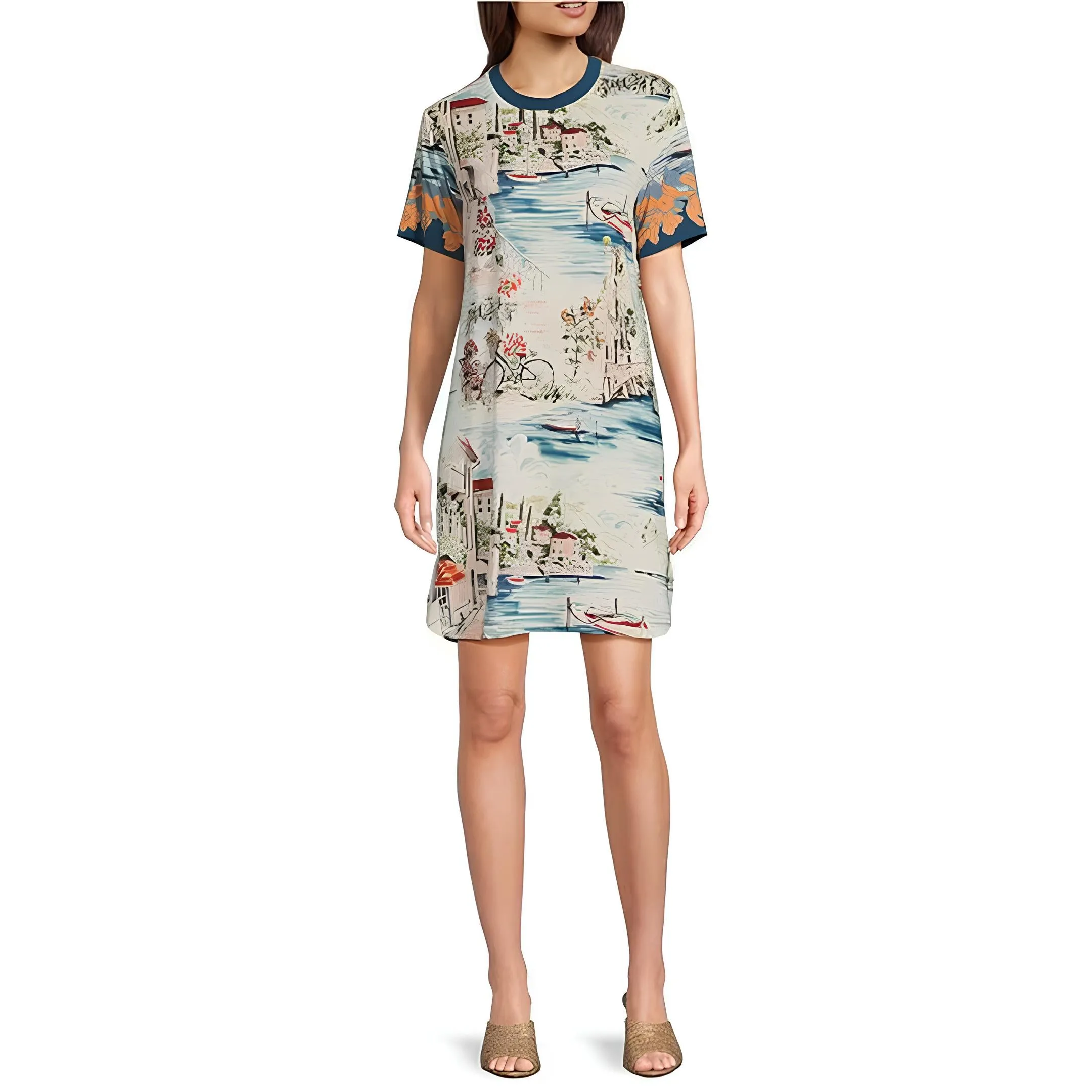 Johnny Was Vakash Oversized White Tee Long Dress Short Sleeve Floral Cream New